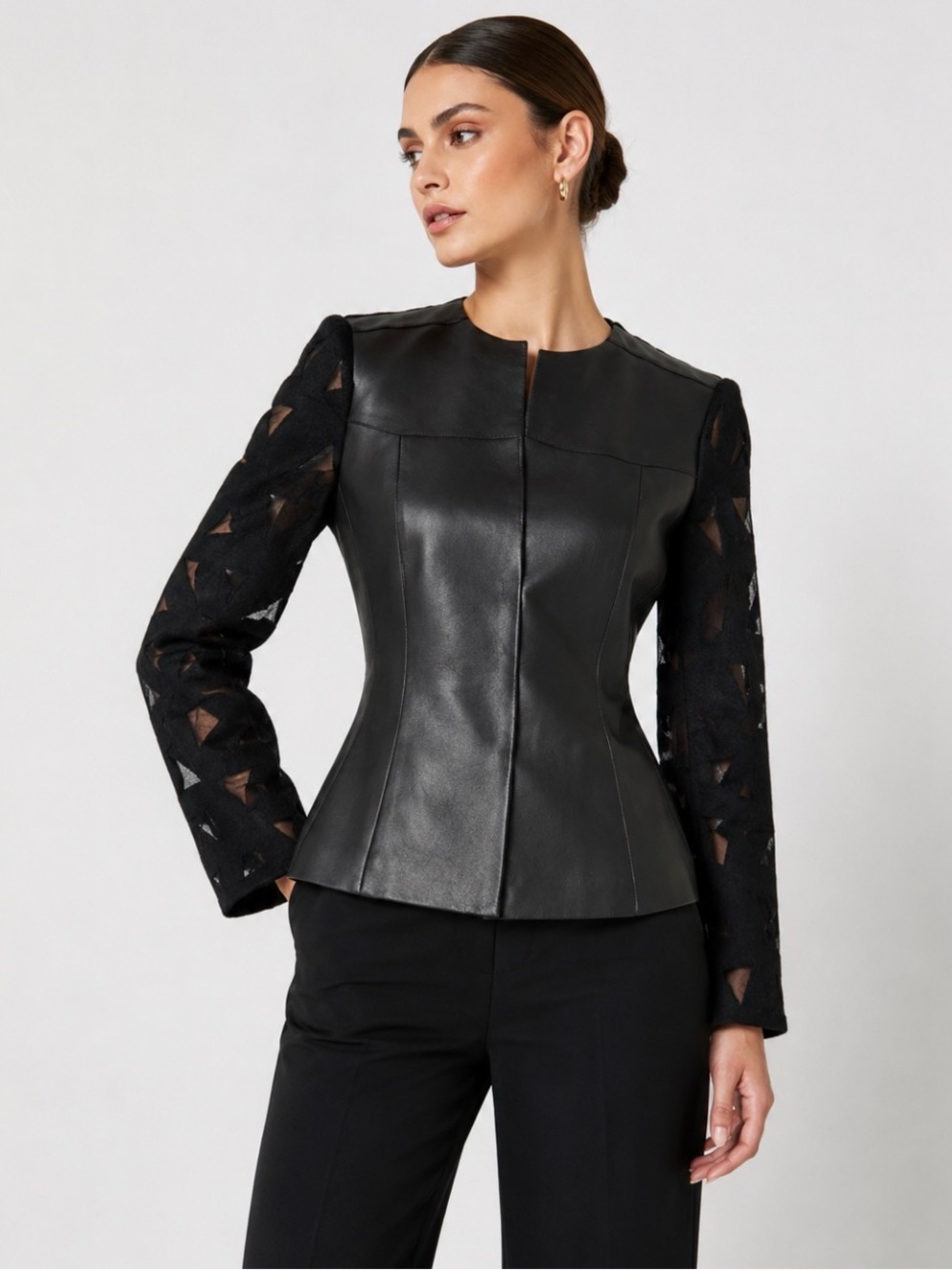Akris Leather & Wool Sheer Detail Jacket in Black, Size 14